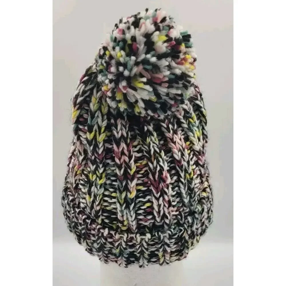 American‎ Eagle Beanie Hat Crochet Pom Multicolor Purple Pink Yellow Black White - Picture 3 of 7